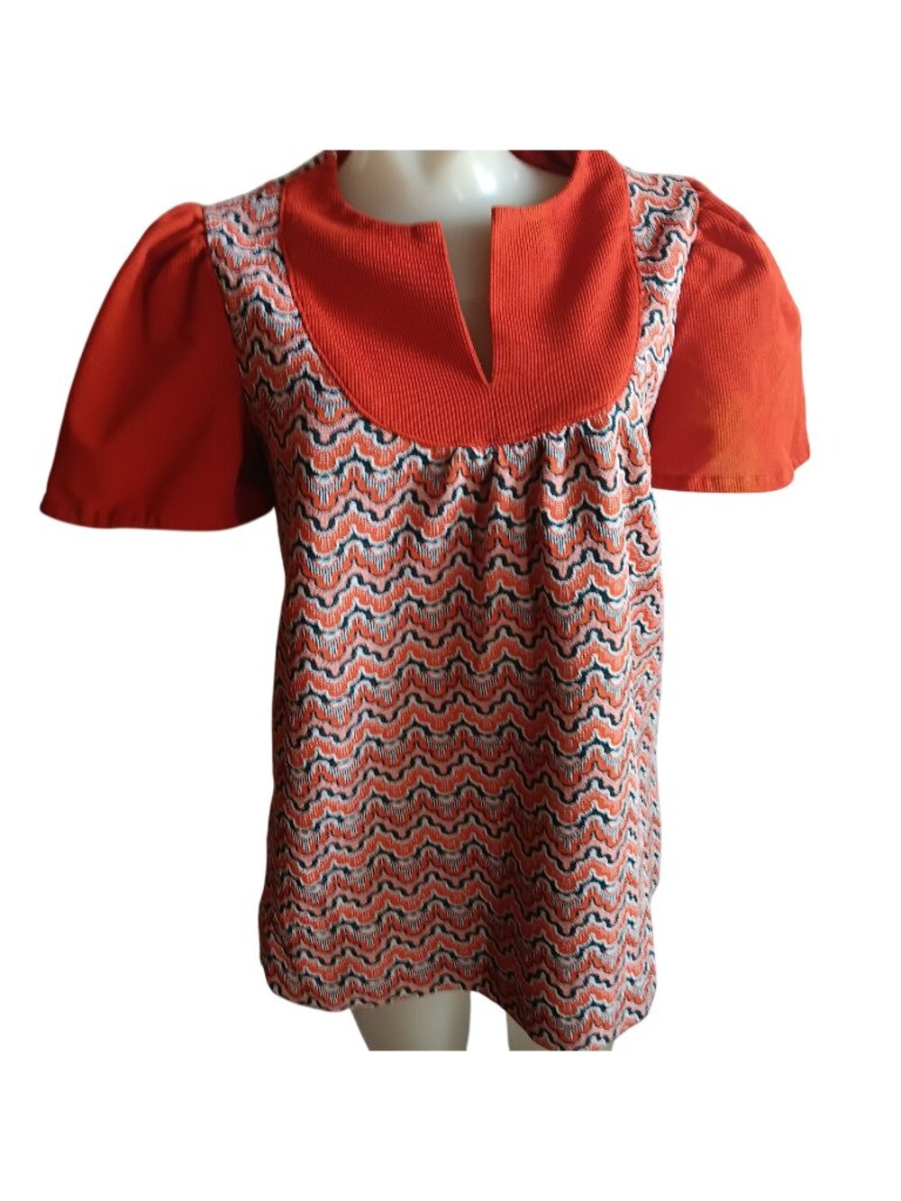True Vintage Hippy Top Medium 1OF1 Zigzag Tunic Puff Sleeves Keyhole Neckline